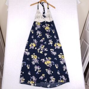 Ganji LA Navy Blue Floral Crochet Lace Halter Maxi Dress GD2299 Medium